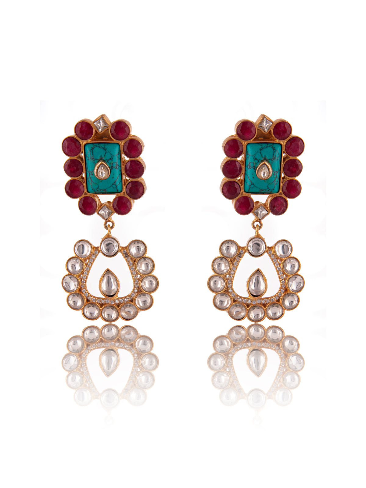 Svarnim Turquoise Ruby Kundan Earrings view 3