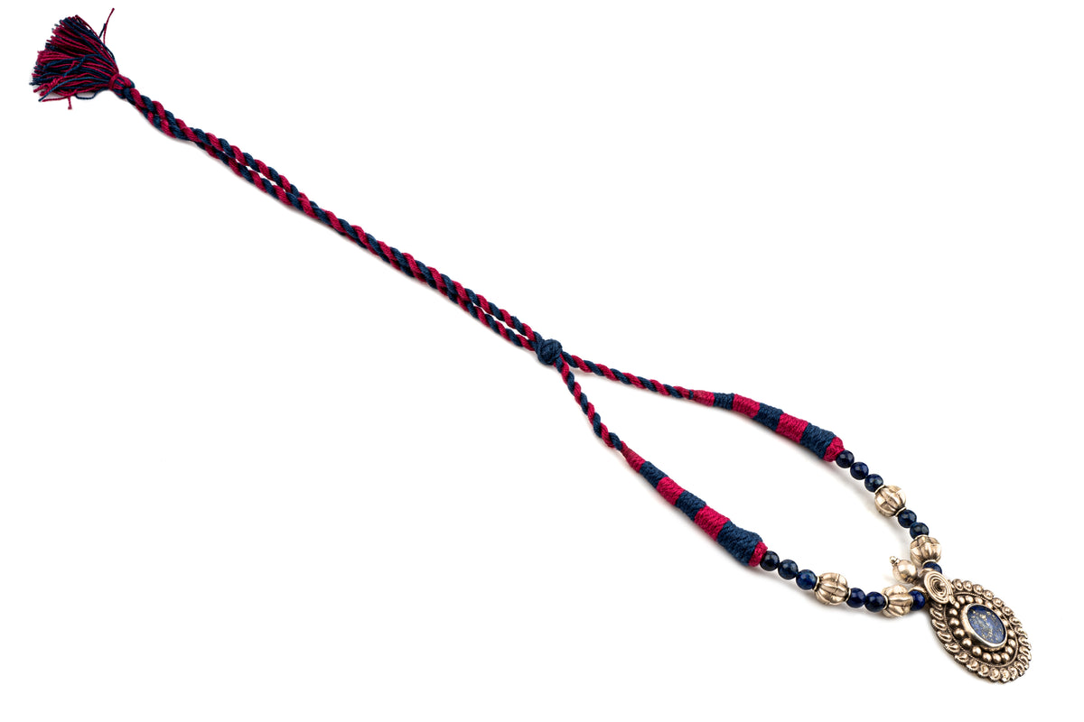 925 Sterling Silver Necklace with Blue Lapis Pendant and Adjustable Patwa Thread view 3