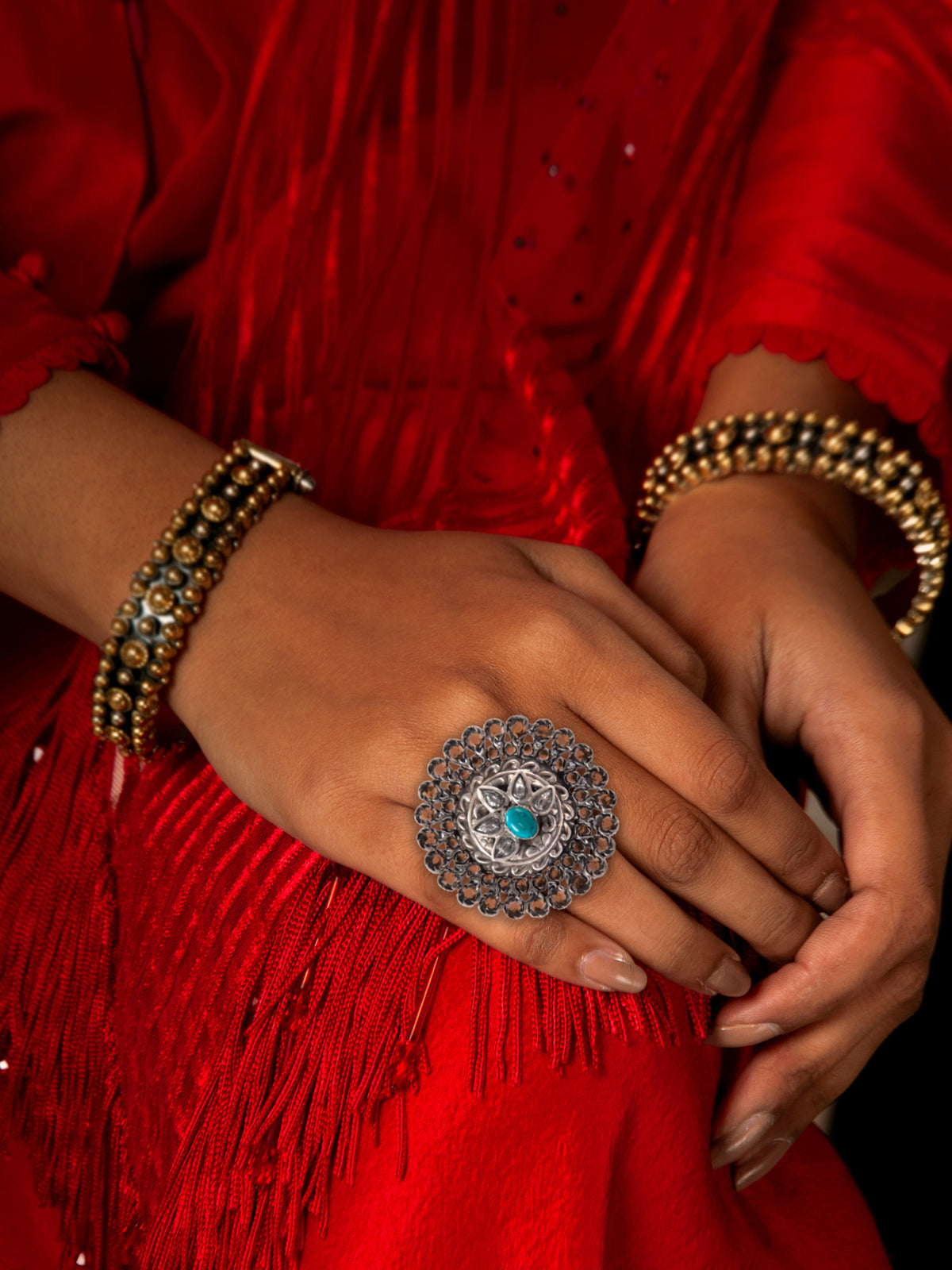 Silver Turquoise and Kundan Adjustable Ring view 2