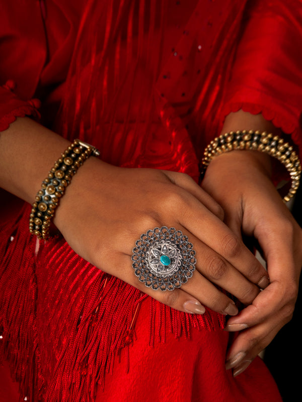 Silver Turquoise and Kundan Adjustable Ring alternate