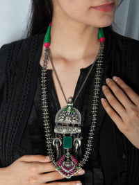 925 Sterling Silver Necklace With Green Onyx Gemstone and Green, Pink and White Kundan view 1