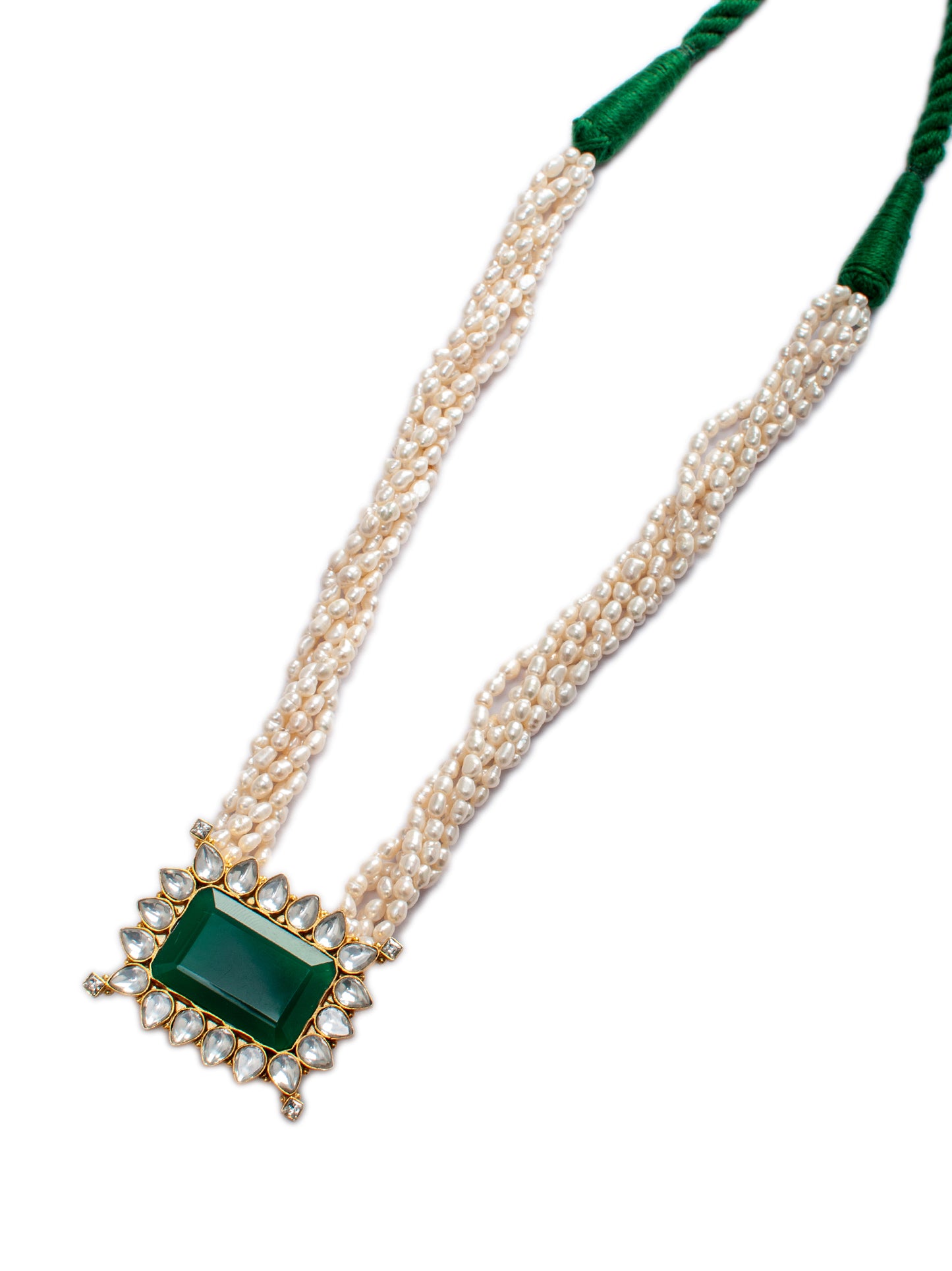 925 Sterling Silver 22K Gold Plated Pearl Beaded Necklace With Green Onyx Gemstone and White Kundan