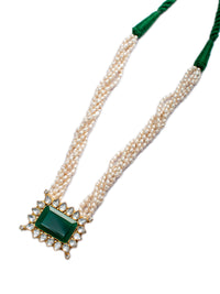 925 Sterling Silver 22K Gold Plated Pearl Beaded Necklace With Green Onyx Gemstone and White Kundan view 3