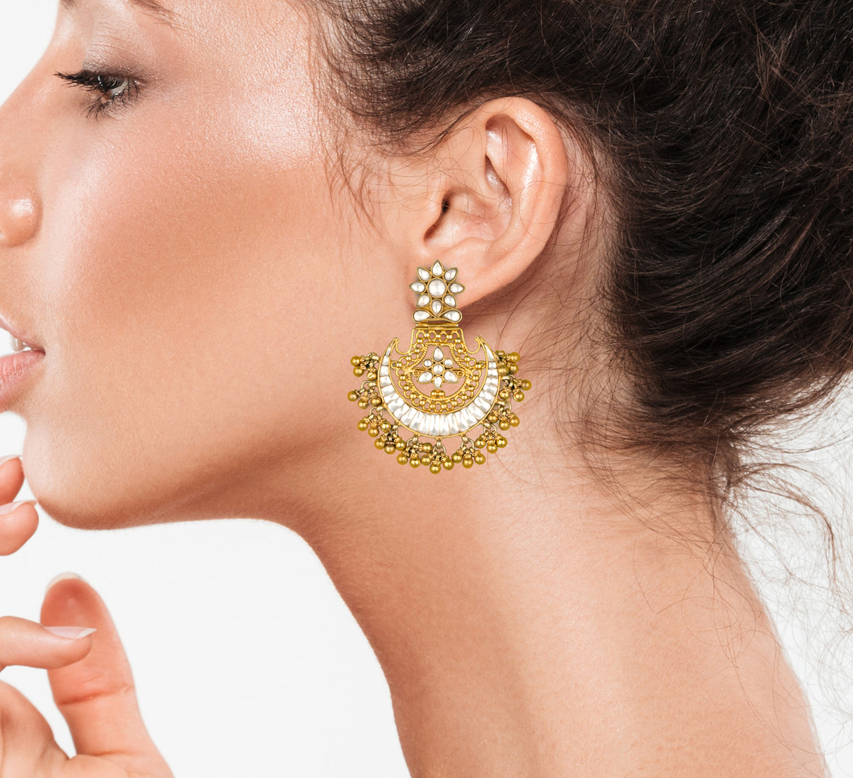 925 Silver Gold Plated White Kundan Chandbali with Ghungroos view 5