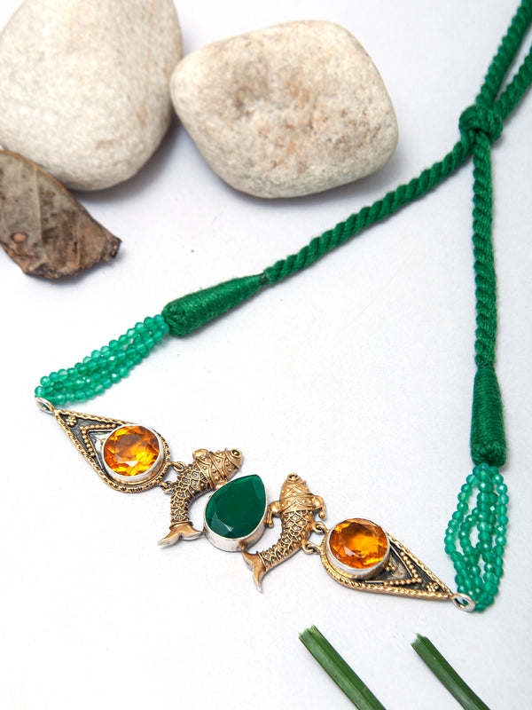 925 Sterling Silver Fusion Two Tone Fish Choker with Green Onyx alternate