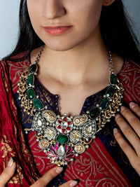 925 Sterling Silver Two Tone 22K Gold Plated Necklace With Labradorite, Pearl, Pink and White Kundan view 1