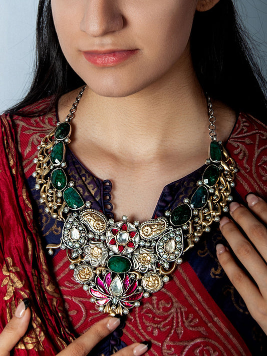 925 Sterling Silver Two Tone 22K Gold Plated Necklace With Labradorite, Pearl, Pink and White Kundan