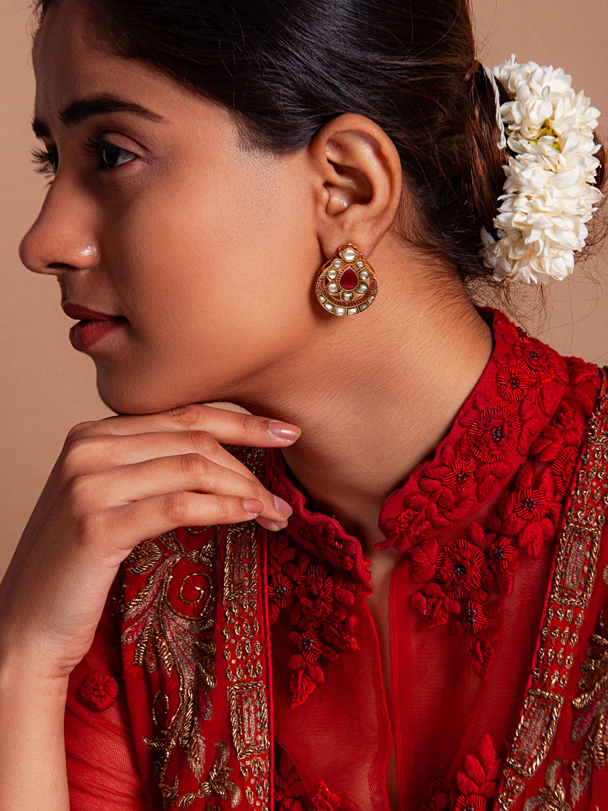 Svarnam Red and White Kundan Studs view 5