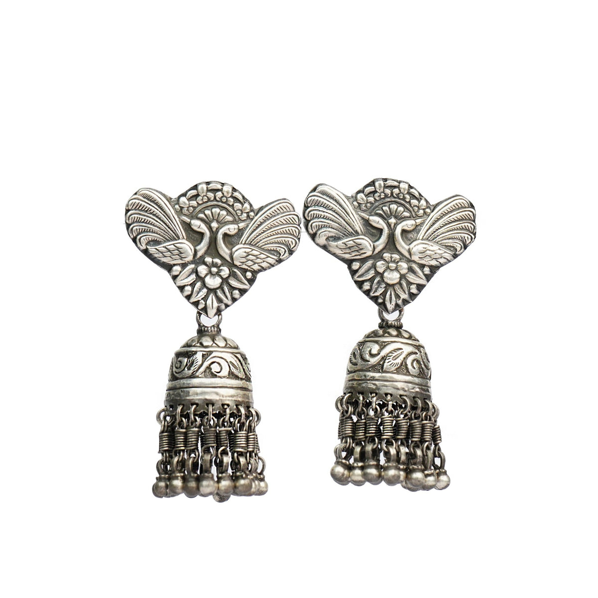 Tribal Twin Peackcok Silver Earrings with Jhumki view 1
