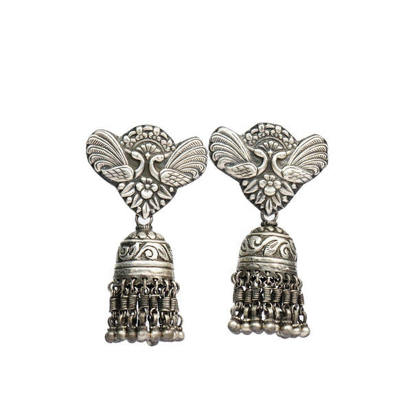 Tribal Twin Peackcok Silver Earrings with Jhumki