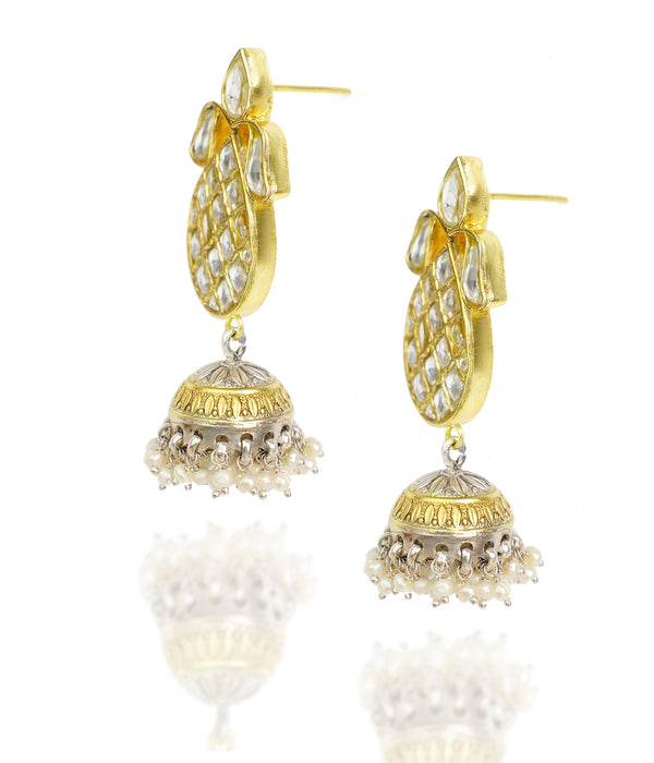 925 Silver Gold Plated Oval Jhumki Earrings with White Kundan