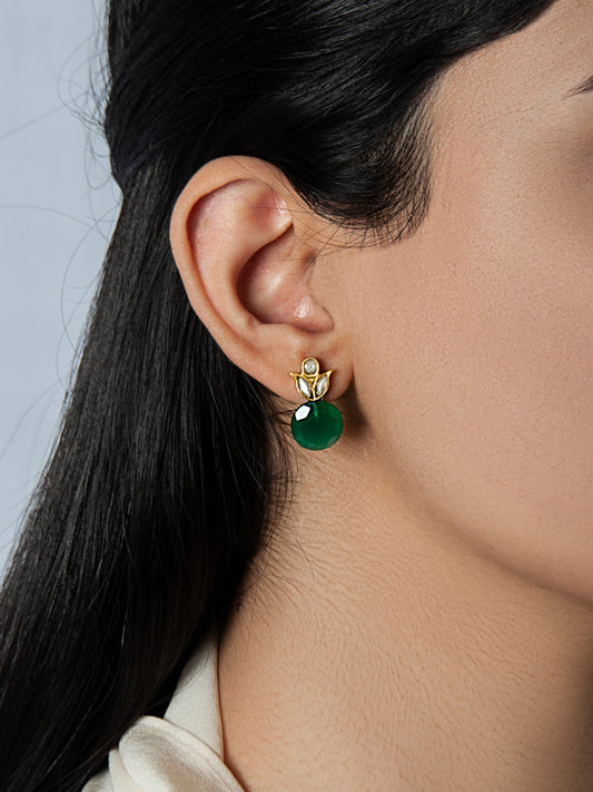925 Sterling Silver Kundan Floral Studs with Green Onyx