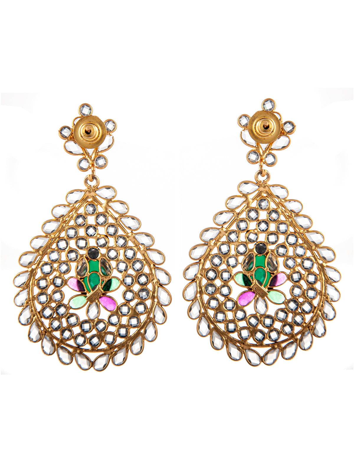 925 Sterling Silver 22K Gold Plated Checker Crystal Earrings with Green Onyx view 5