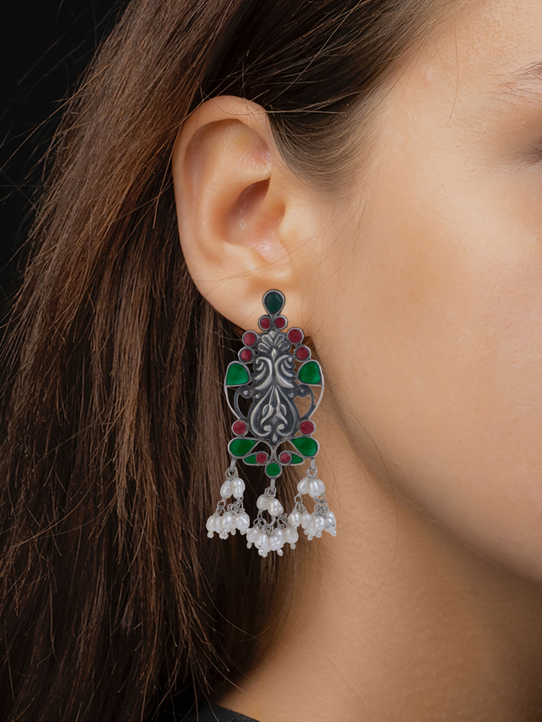 Twin Peacock Chitai Earrings with Multicolor Glass view 2
