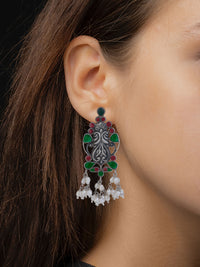 Twin Peacock Chitai Earrings with Multicolor Glass view 2