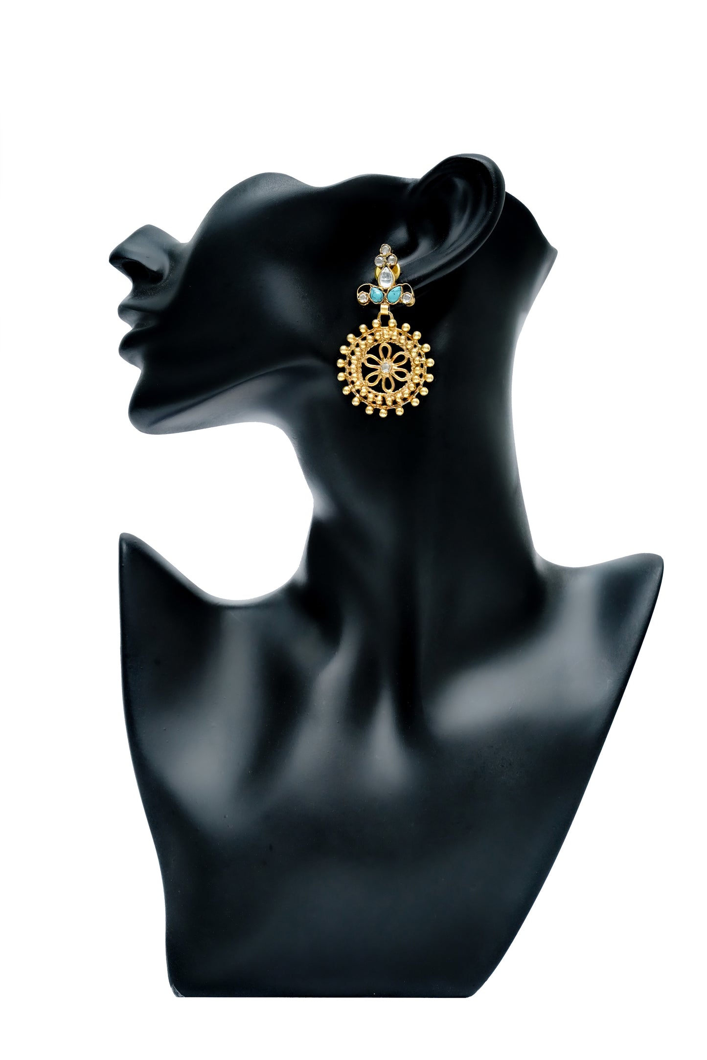 925 Silver Gold Plated Net Earrings with Turquoise - Neeta Boochra Jewellery