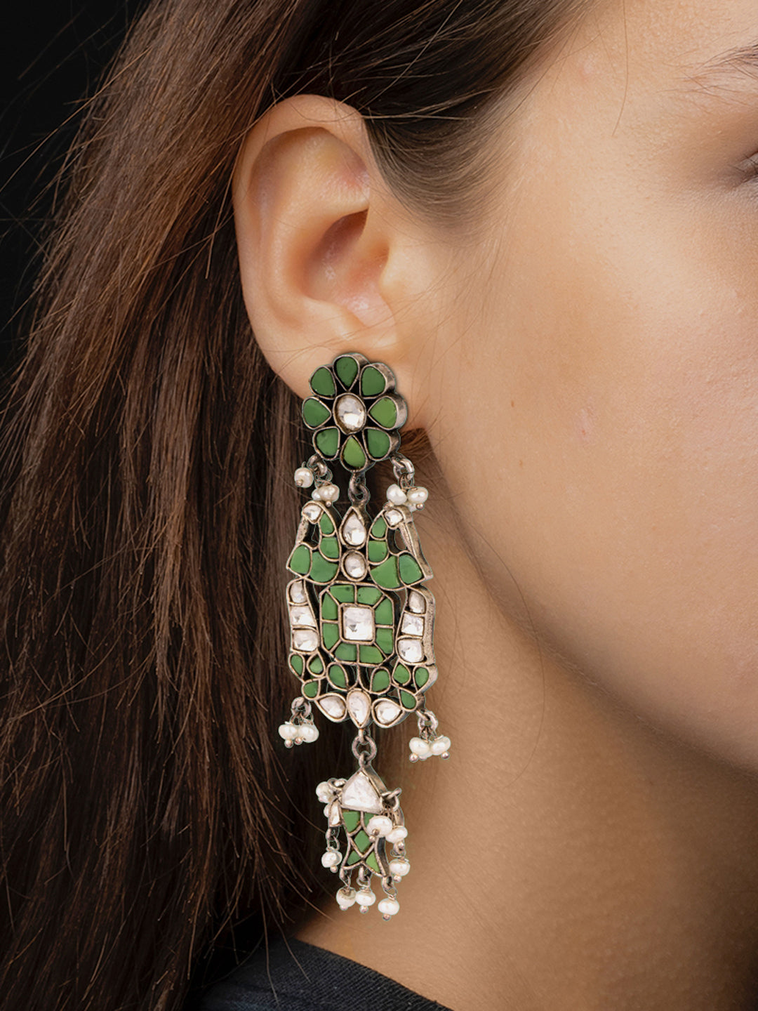 925 Sterling Silver Kundan Earrings with Fish Motif view 2