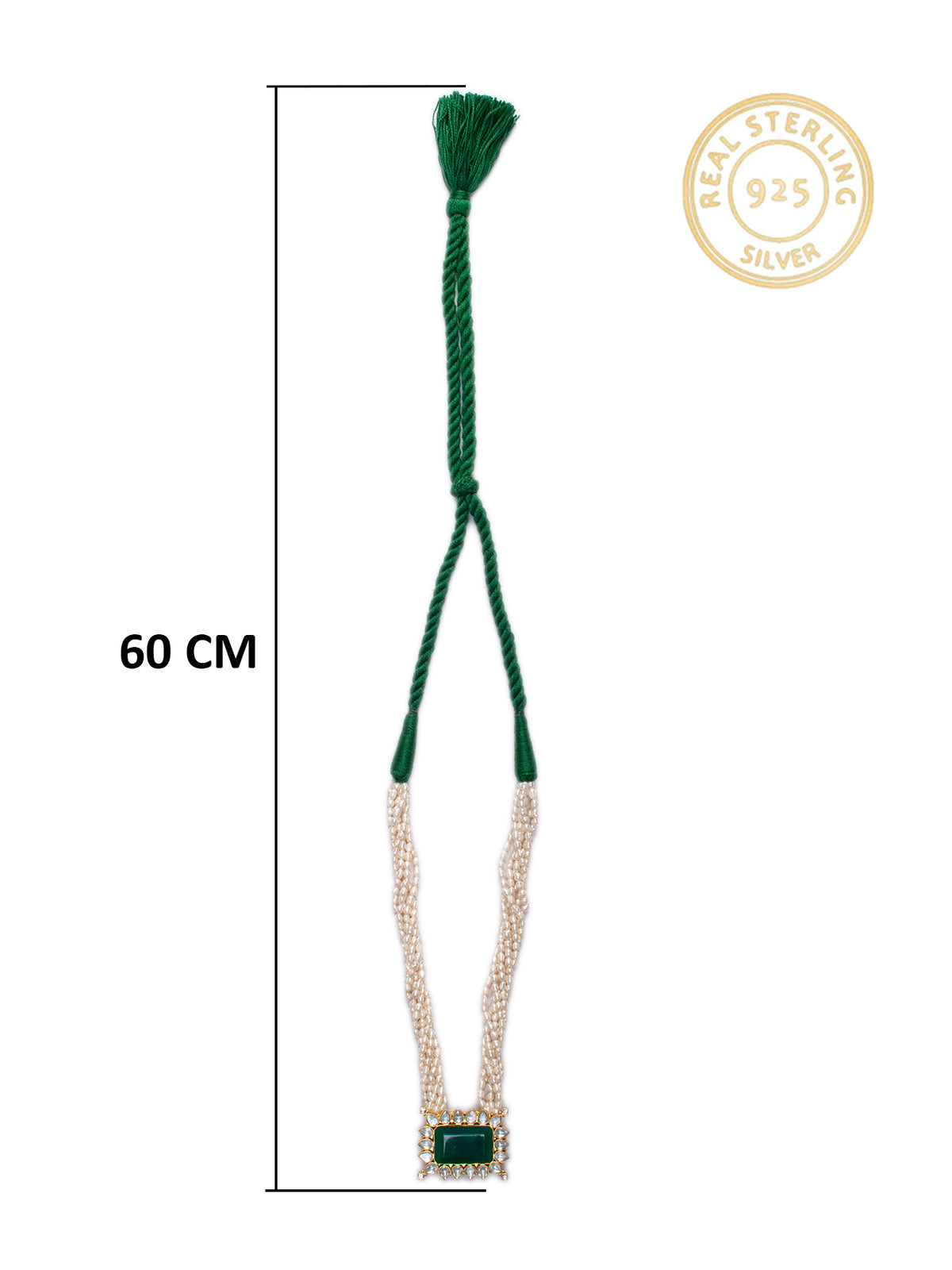 925 Sterling Silver 22K Gold Plated Pearl Beaded Necklace With Green Onyx Gemstone and White Kundan view 4