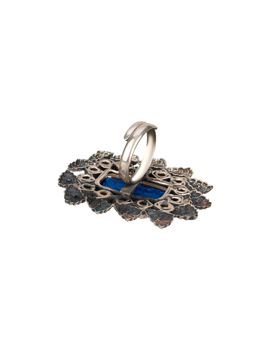 Blue Carved Stone Kundan Adjustable Ring