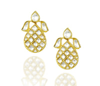 925 Silver Gold Plated Oval Studs with White Kundan view 3
