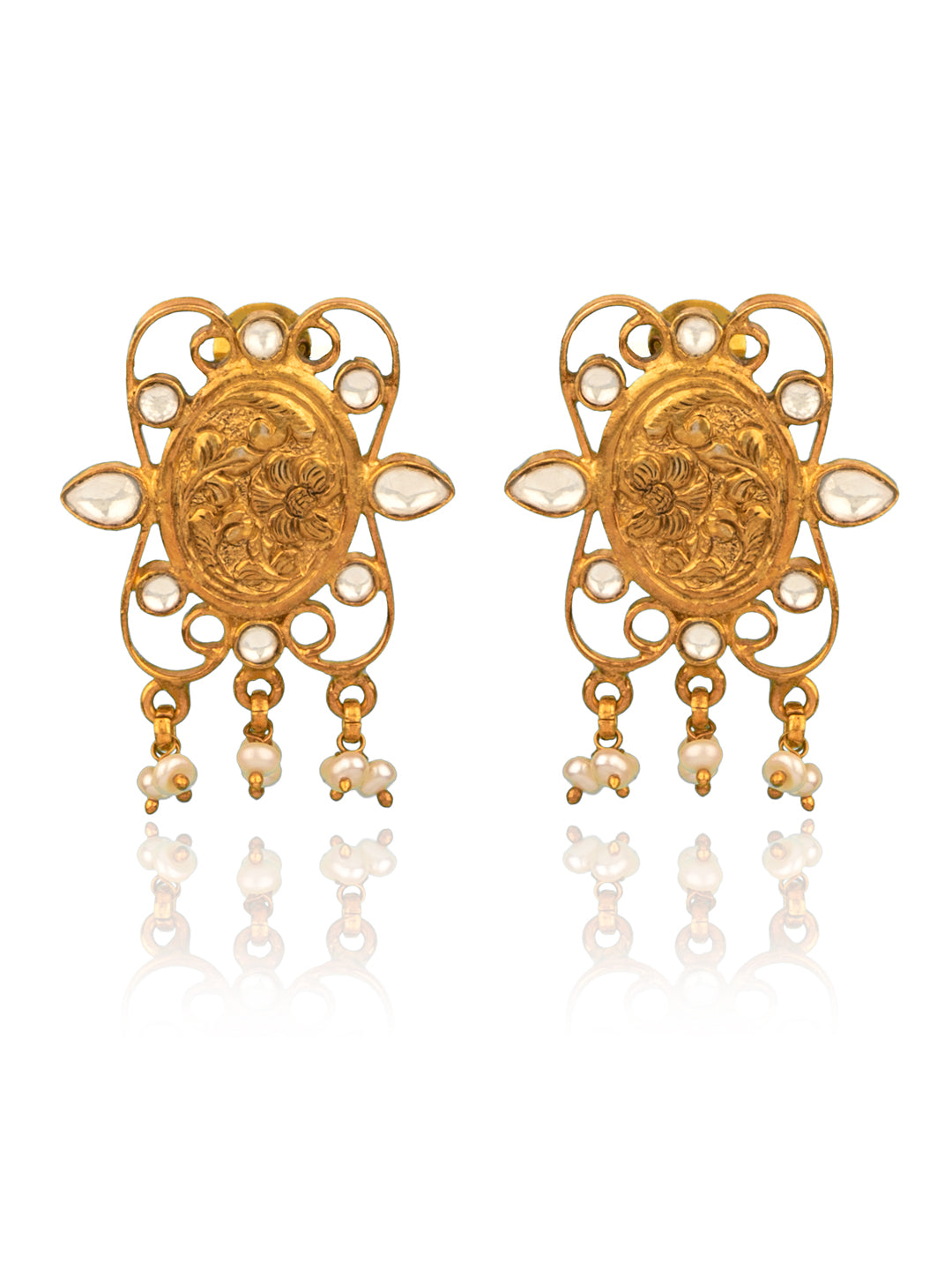 925 Sterling Silver Gold Plated Chitai Earrings with Kundan