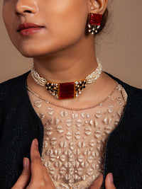 Svarnam Moissanite Red Carved Stone Choker view 7