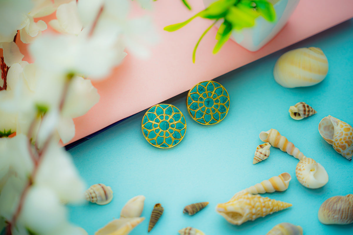 925 Silver Gold Plated Turquoise Flower Studs view 3