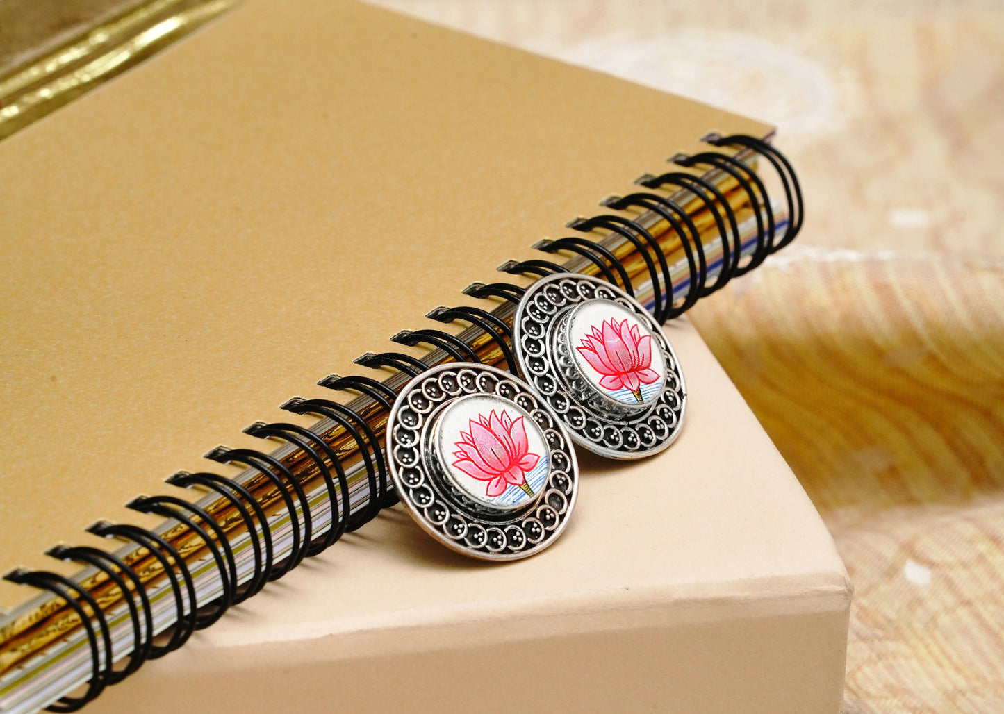 925 Silver Lotus Handpainting Studs with Rawa Work - Neeta Boochra Jewellery