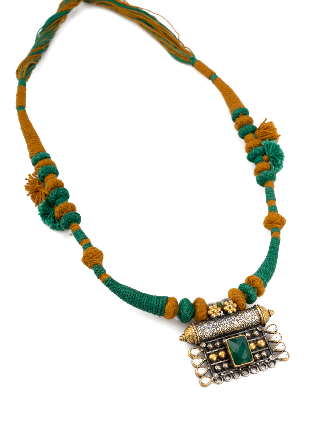 Dual Tone Green Onyx Textured Pendant Necklace with Adjustable Patwa Thread