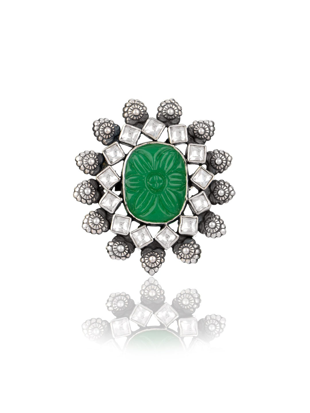 Green Carved Stone Kundan Ring view 1