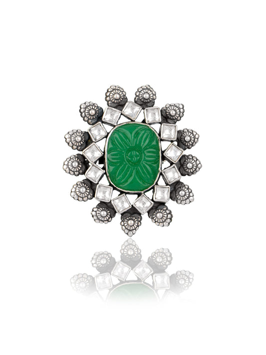Green Carved Stone Kundan Ring