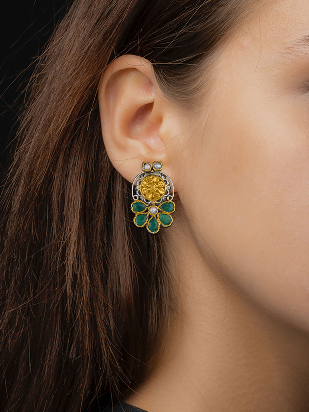 Half Flower Two Toned Intricate Studs with Kundan and Green Onyx view 2