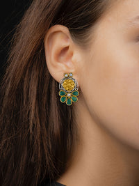Half Flower Two Toned Intricate Studs with Kundan and Green Onyx view 2