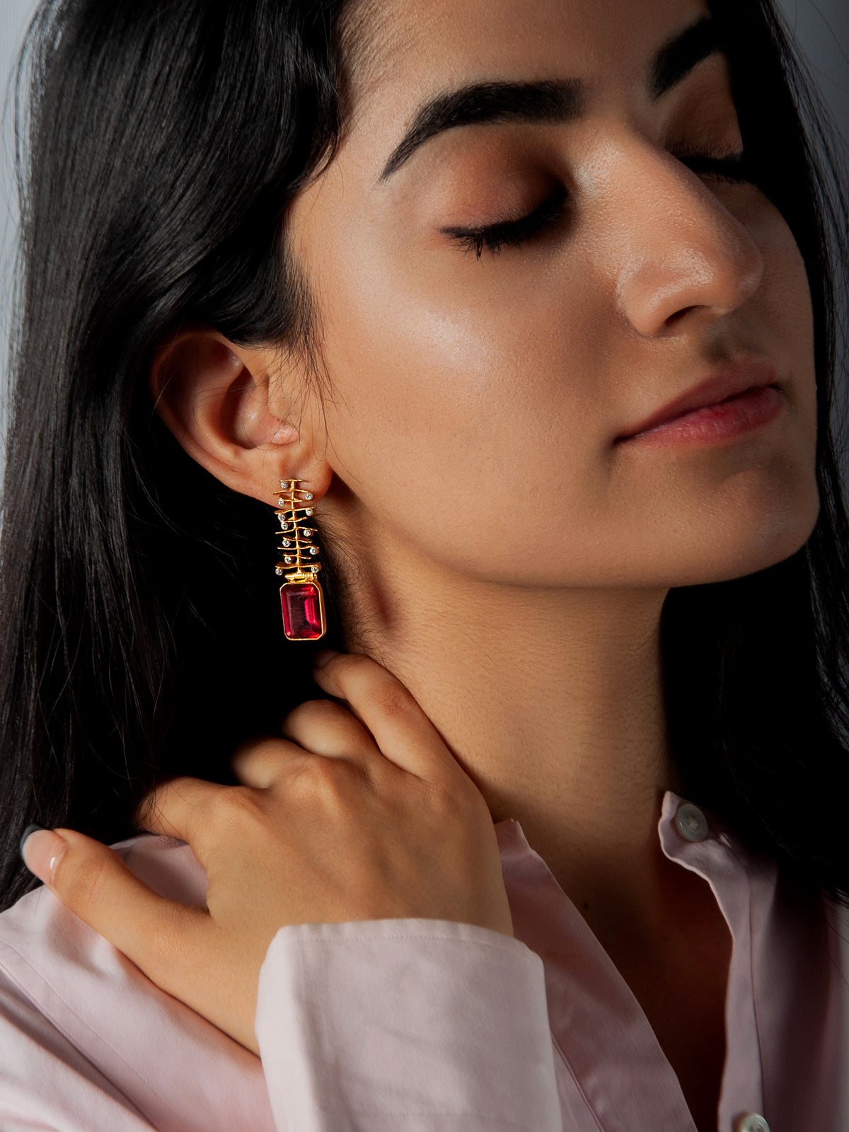 925 Sterling Silver 22K Gold Plated Pink Gemstone Danglers Earring With White Kundan view 1
