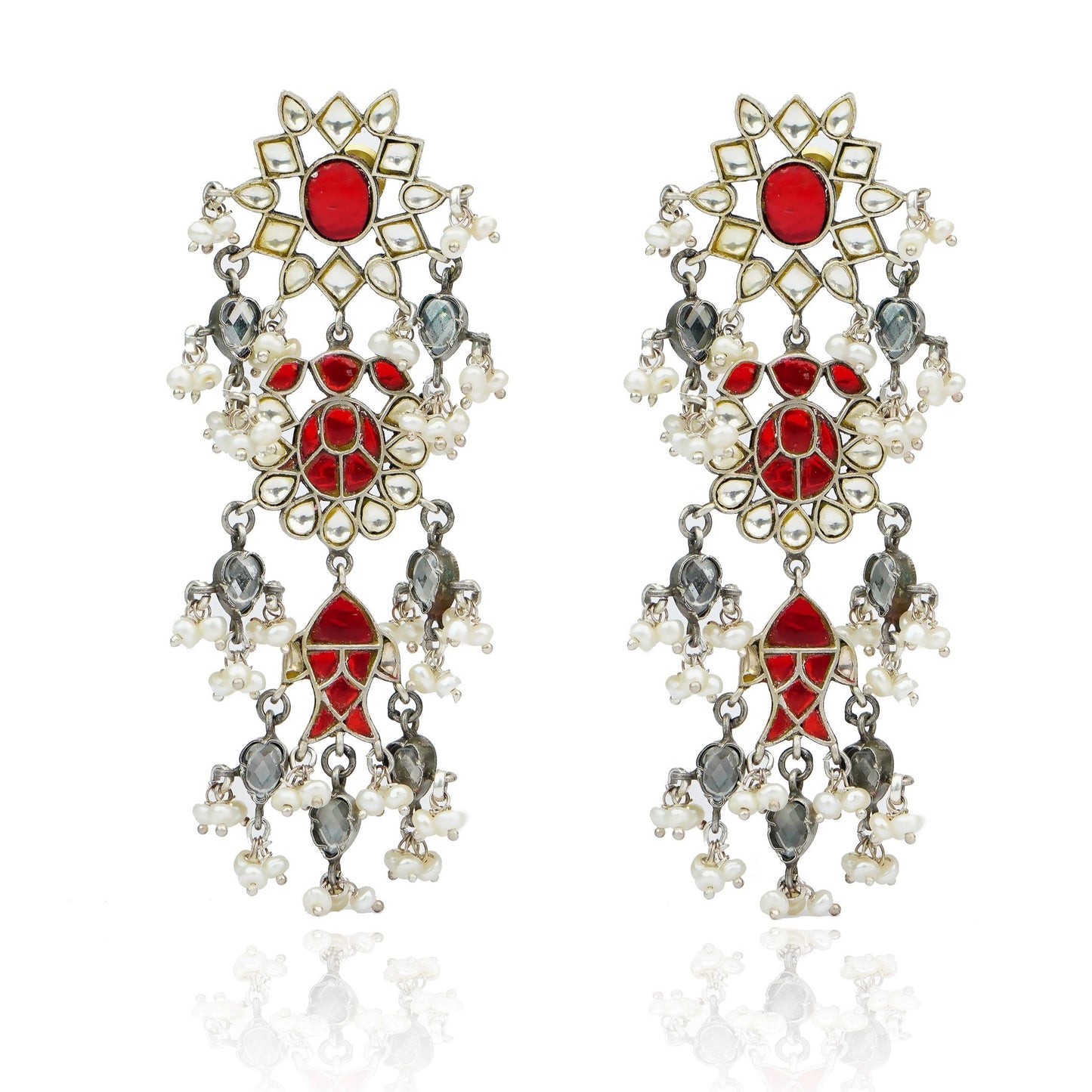 Silver Fish Earrings with Kundan and Ruby - Neeta Boochra Jewellery
