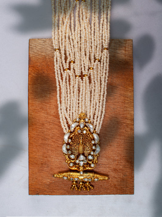 925 Sterling Silver 22K Gold Plated Pearl Beaded Peacock Design Statement Necklace With White Kundan