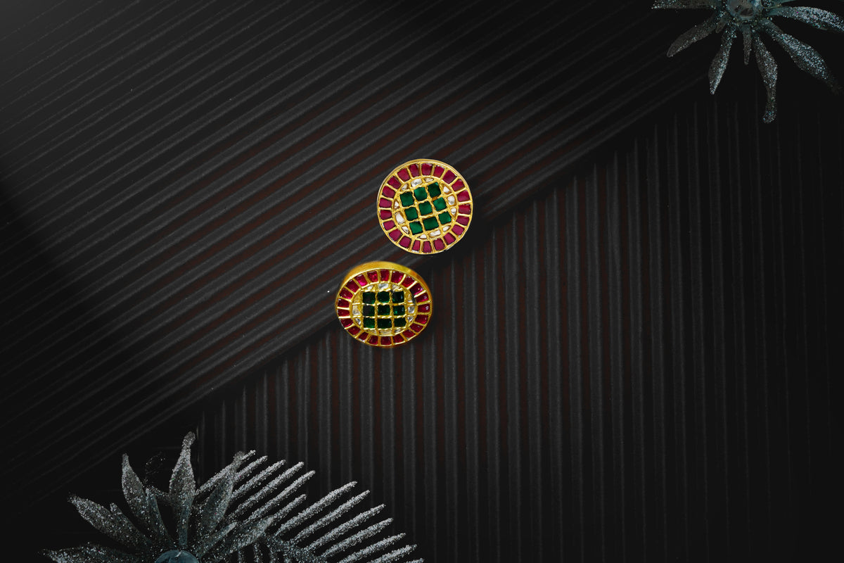 Silver Gold Plated Multi-Color Button Studs with Kundan view 3