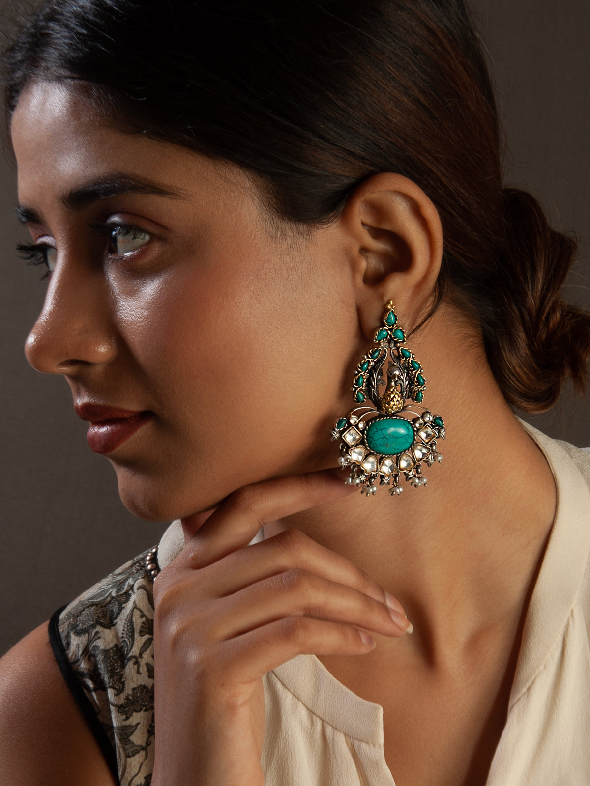 Aurora Peacock Turquoise Statement Earrings with Kundan view 1