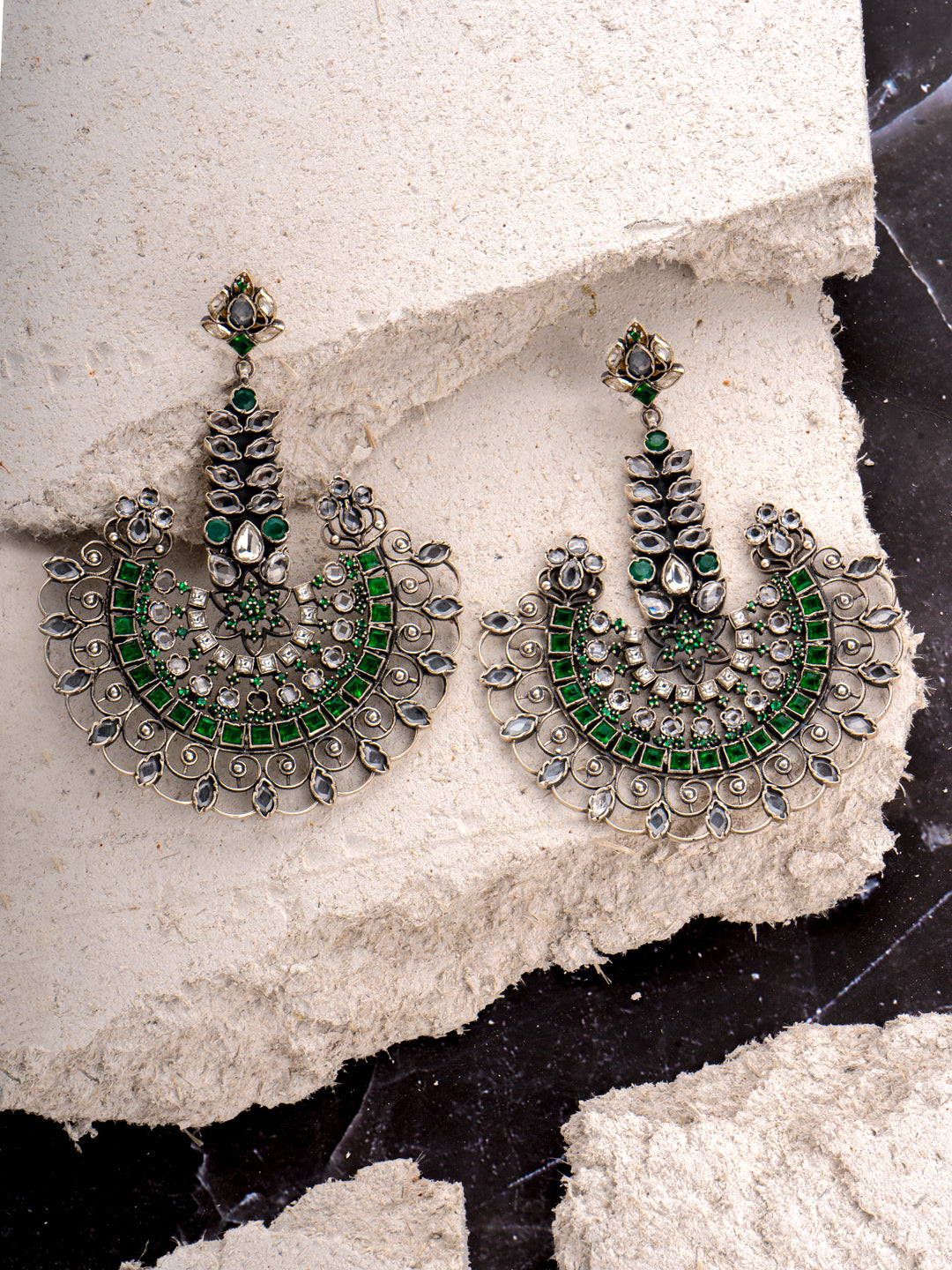 925 Sterling Silver Green and White Kundan Statement Earringss view 3