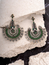 925 Sterling Silver Green and White Kundan Statement Earringss view 3