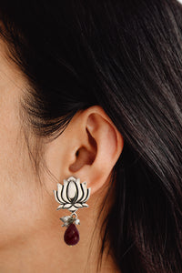 925 Sterling Silver Lotus Earrings with Ruby Drop view 3