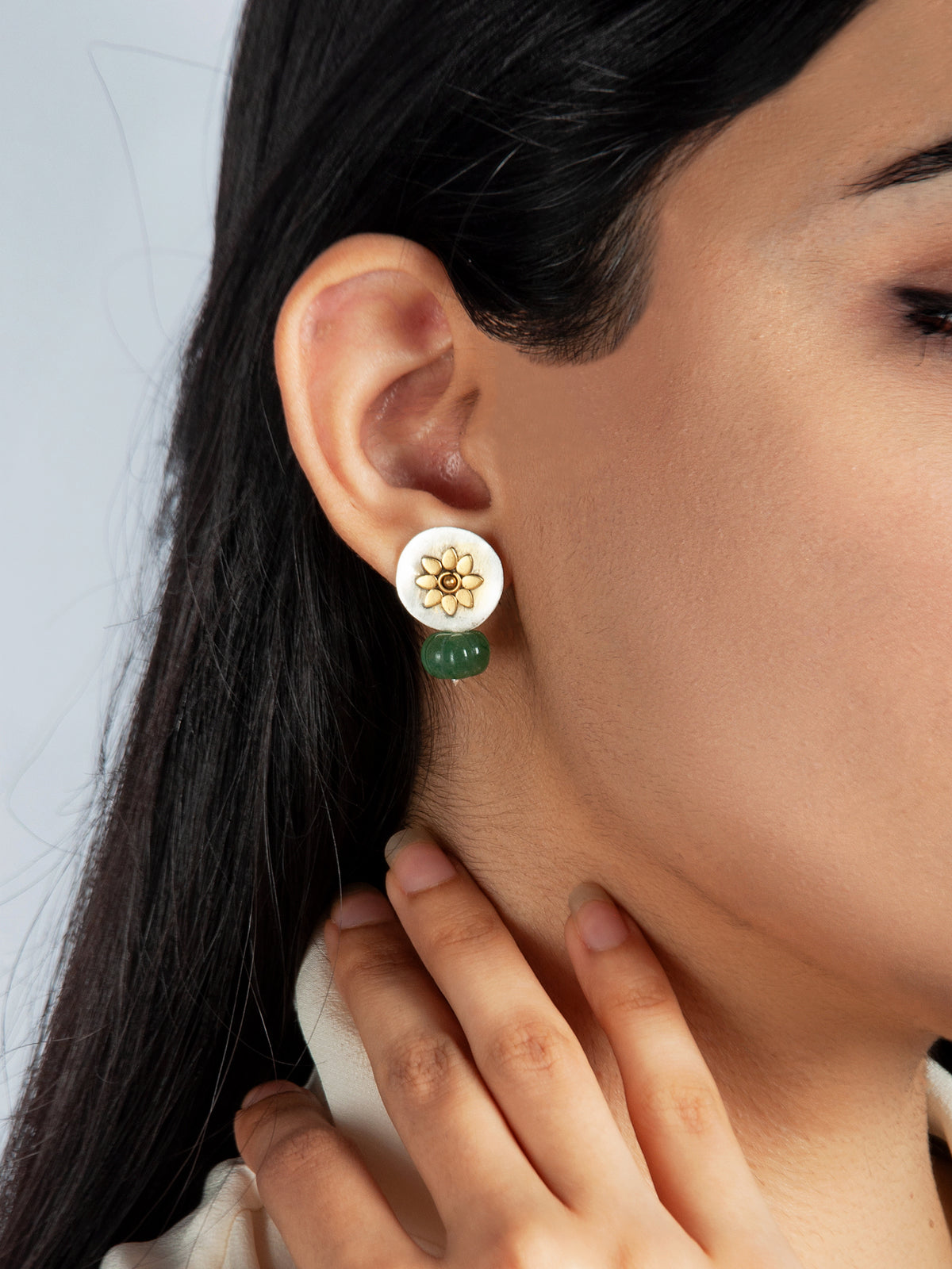 925 Sterling Silver Two Tone Sunflower Earrings with Melon Cut Green Onyx Drop view 1