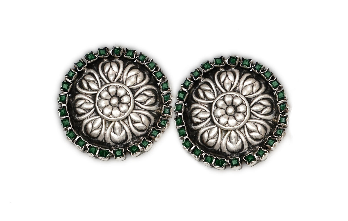 925 Silver Floral Studs with Natural Green Gemstone view 3