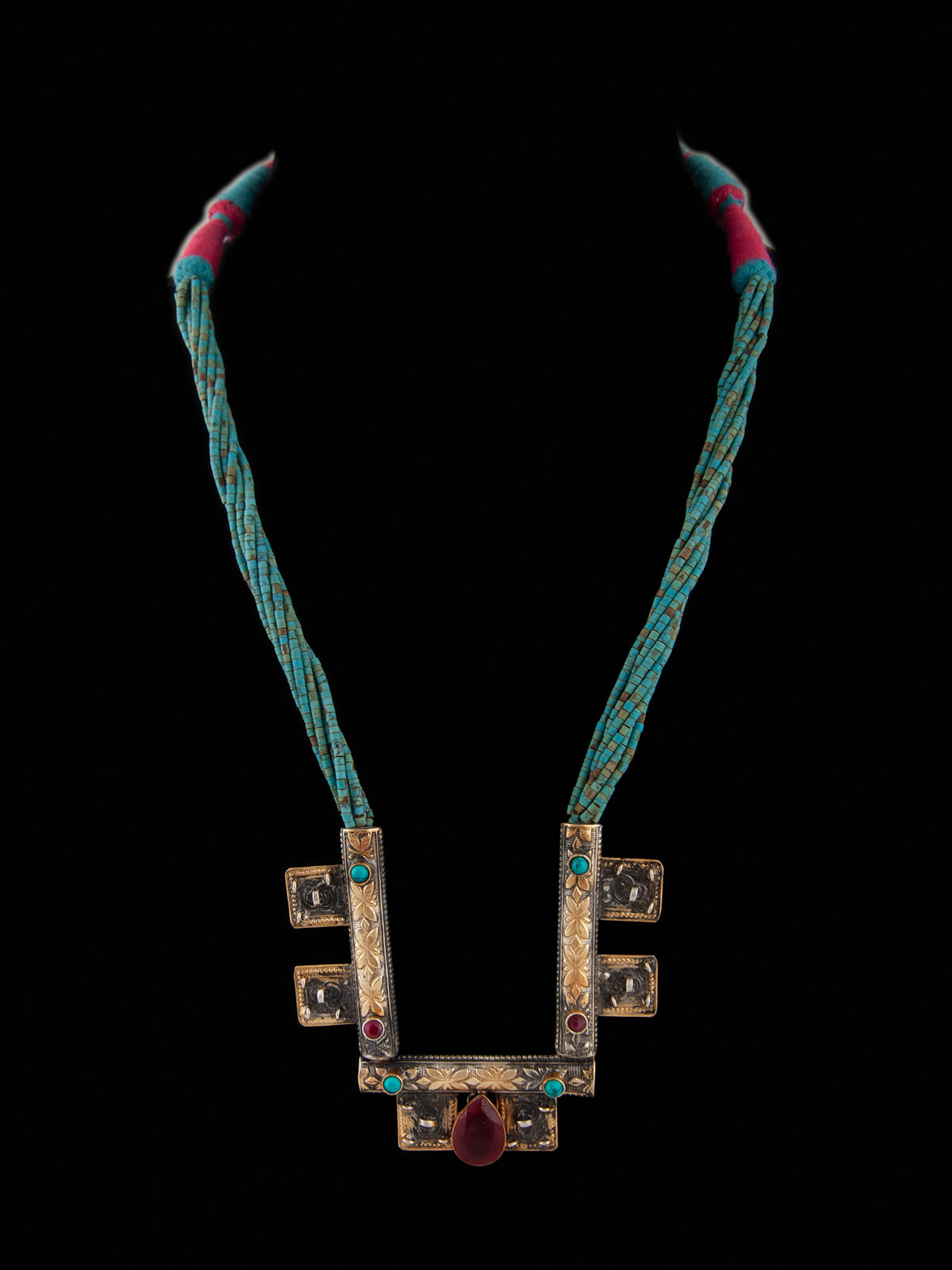 925 Sterling Silver Two Tone 22K Gold Plated Turquoise Beaded Necklace With Ruby and Turquoise Gemstone view 5