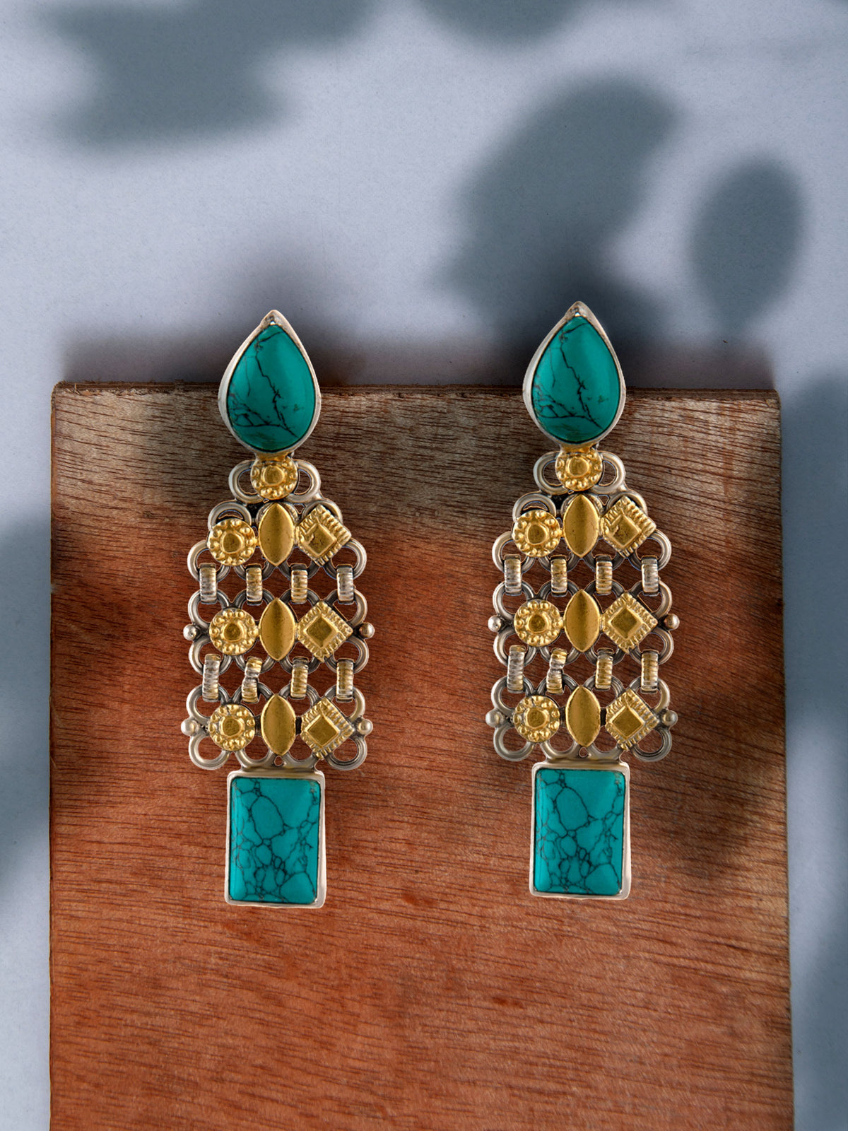 925 Sterling Silver Two Tone 22K Gold Plated Turquoise Gemstone Earrings view 3