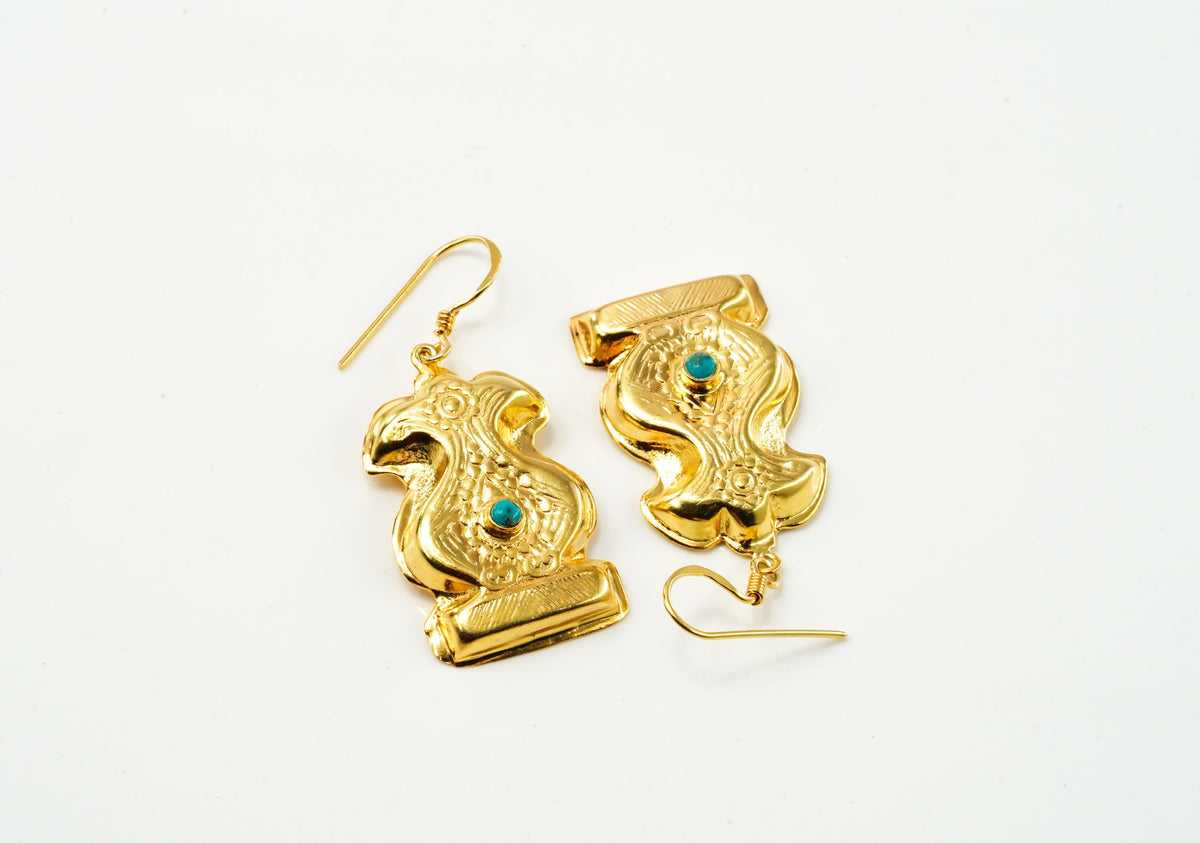 Gold Hollow Earring with Turquoise Stone view 2