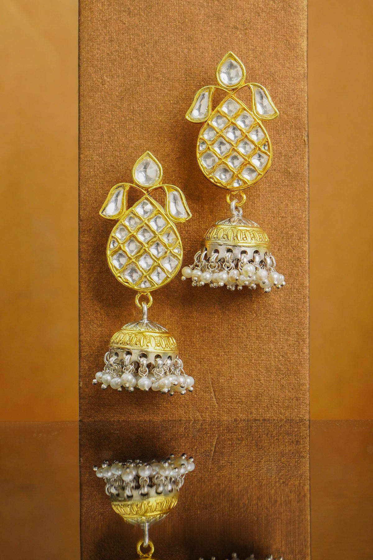 925 Silver Gold Plated Oval Jhumki Earrings with White Kundan view 3