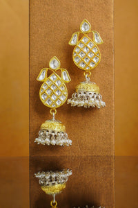 925 Silver Gold Plated Oval Jhumki Earrings with White Kundan view 3