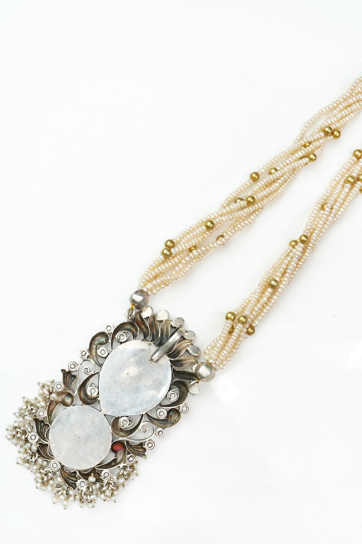 Silver Two Tone Necklace with Signature Motif and Pearl Maala view 2