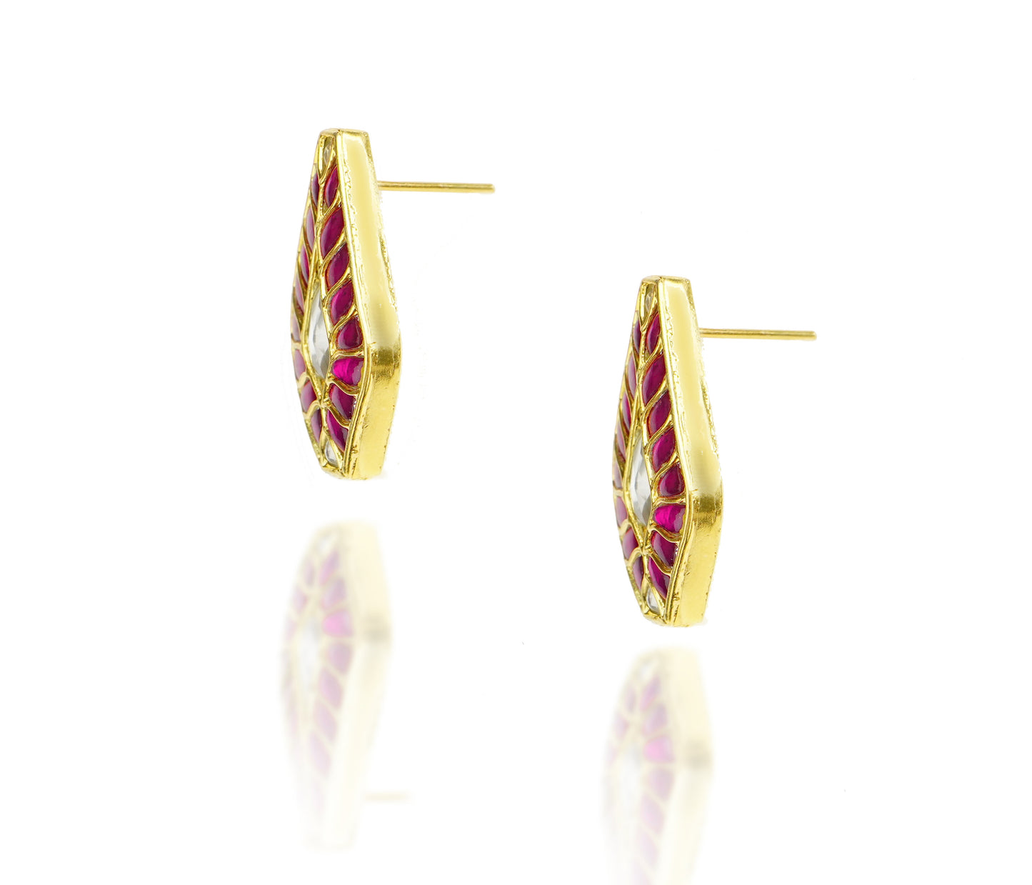 925 Silver Gold Plated White and Red Kundan Tilak Studs